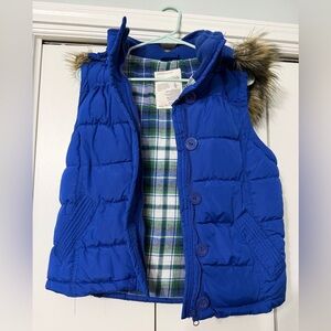 Aeropostale Blue Plaid Puffer Vest Size Large with Faux Fur Hood
